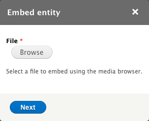 The entity selection step of the Entity Embed CKEditor 5 modal dialog form.