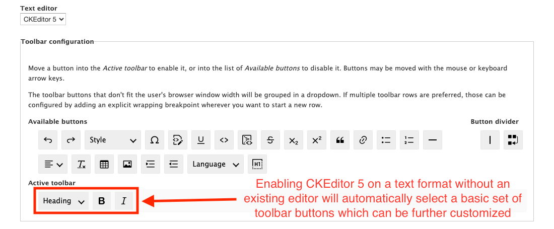 CKEditor 5 default toolbar buttons.