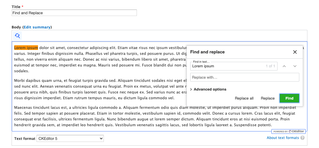 Finding and replacing a word using the Find and Replace plugin.