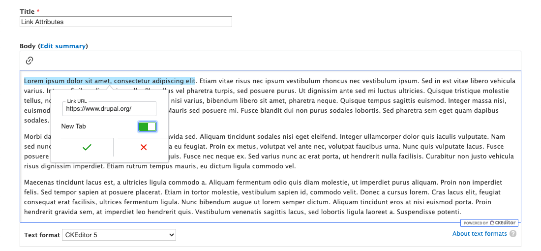 Toggling an option to open a link in a new window using the Link Attributes module.