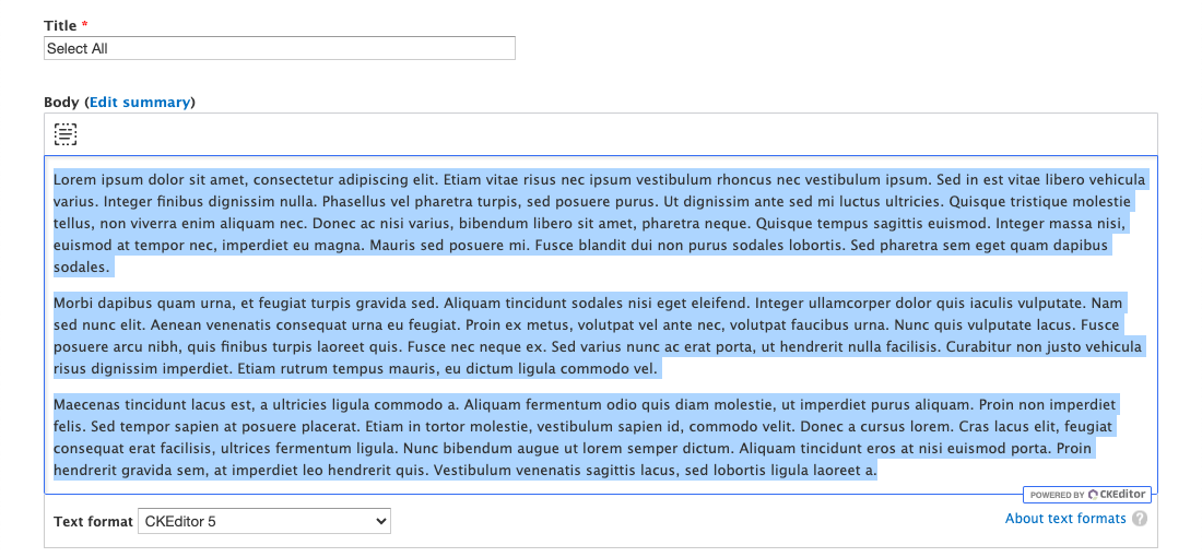 Selecting the entire contents of the editor using the Select All plugin.