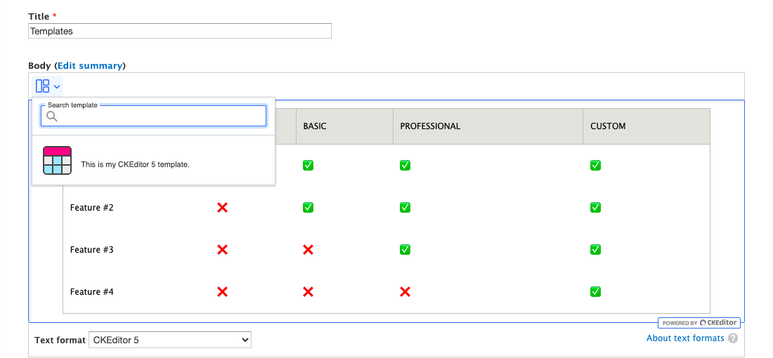 Browsing the template library and embedding a custom pricing table template using the Templates plugin.