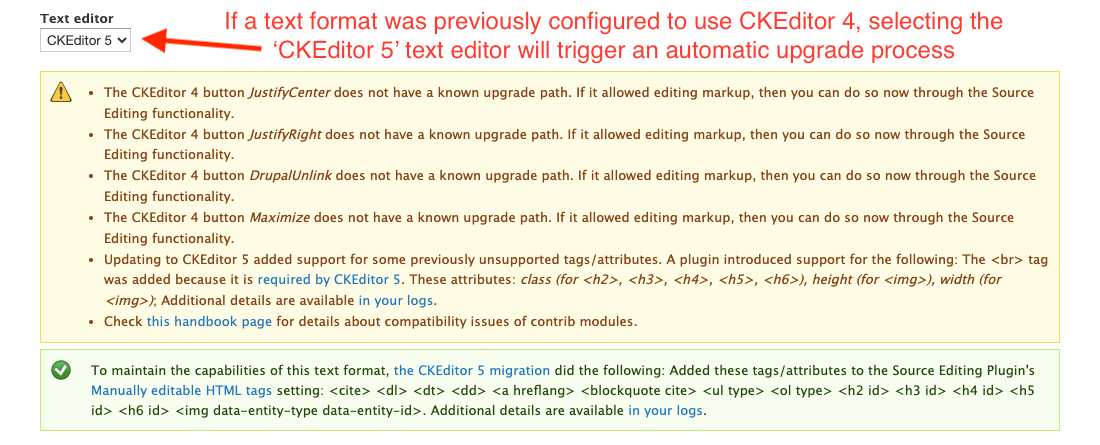 Switching the editor associated with a text format from CKEditor 4 to CKEditor 5 will trigger an automatic upgrade process.