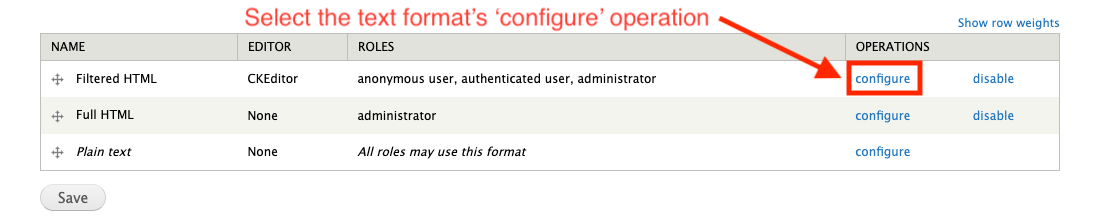 Select the configure operation for the desired text format.