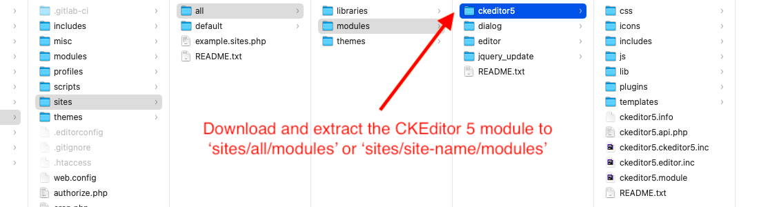 Download and extract the CKEditor 5 module to sites/all/modules or sites/site-name/modules